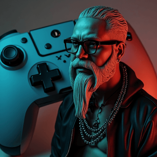 AI Design for I need a pciture of a dude with a goatie and glasses an a chain around his neck. in the background is a controller