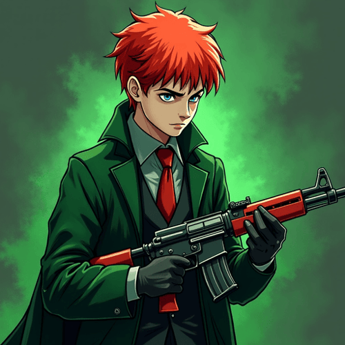 AI Design for Voldemort in his green costume but with the red hair of Ron wheesly. He is carrying a ak 47 on dust 2 of Counter Strike