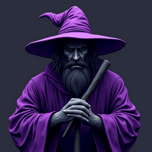 AI Design for Create a Picture with a wizard with purple clothes and a wizard hat but instead of a staff he has a black m4a1-silenced in his hands