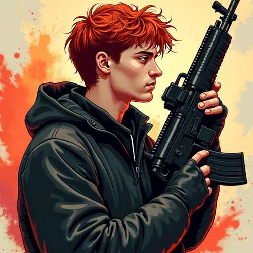 AI Design for give me a picture of voldemord with a Ak47 but with the hair of ron weasley