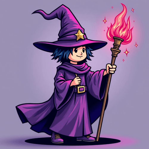 AI Design for Create a Picture with a wizard with purple clothes and a wizard hat but instead of a staff he has a m4a1-silenced
