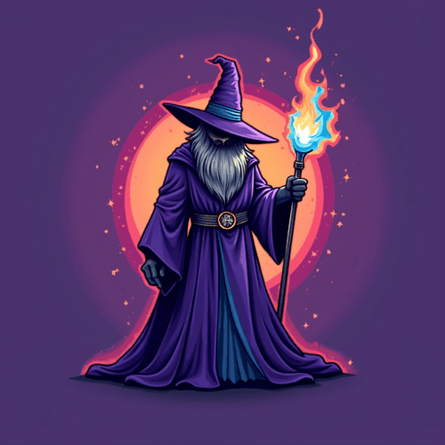 AI Design for Create a Picture with a wizard with purple clothes and a wizard hat but instead of a staff he has a m4a1-silenced