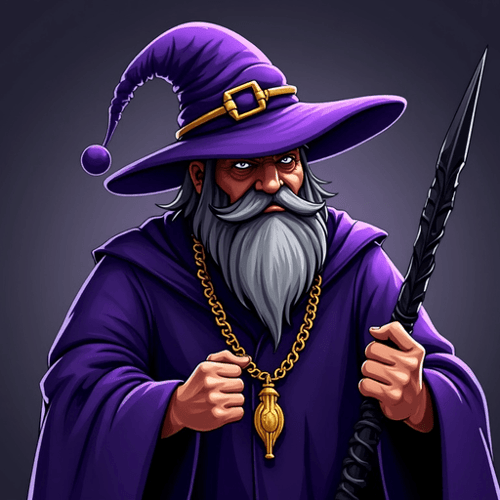 AI Design for Create a Picture with a wizard with purple clothes and a wizard hat but instead of a staff he has a black weapon in his hands. His look is crumpy. he also has a golden chain around his neck and there is written: Schickert