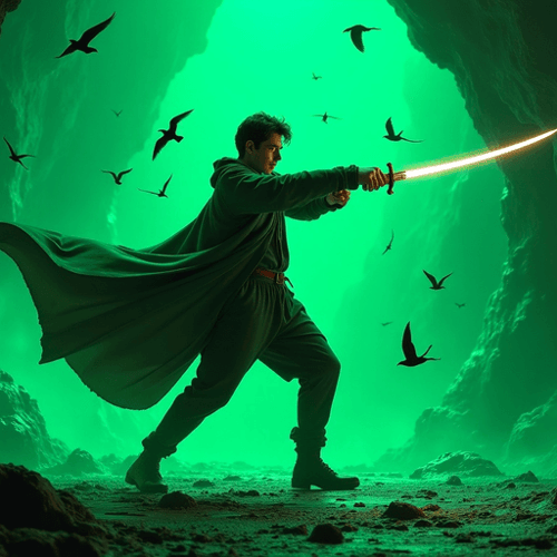 AI Design for Tom Riddle with an samurai sword attacking birds in a green neon cave