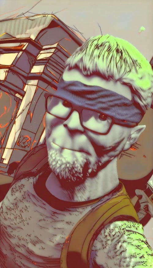 AI Design for Erstelle eine Anime Figur, welche wie ich aussieht. Die Figur soll in der einen Hand ein Bier halb beim Trinken verschütten und in der anderen Hand eine M4A1-S aus Counter Strike mit der Printstream-Tarnung