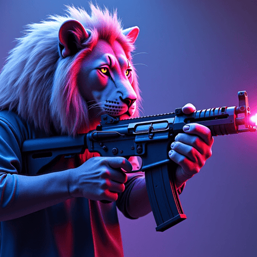 AI Design for make an ak-47 with the face of a cat but it shoots laser out of the eyes and everything ist blue purple in a cyberpink style. the aK is in the hand of a lion