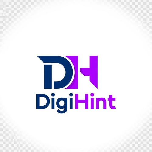 AI Design for DigiHint logo—Unique alphabet-based logo mark using letters D and H, clever negative space, bold geometric typography, tech + marketing vibe, clean, modern, high contrast, blue + electric purple accents, simple, memorable, scalable, professional startup identity, flat vector style, award-winning brand logo, 4k, vector, no mockups, no shadows — Transparent background