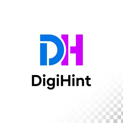 AI Design for DigiHint logo—Unique alphabet-based logo mark using letters D and H, clever negative space, bold geometric typography, tech + marketing vibe, clean, modern, high contrast, blue + electric purple accents, simple, memorable, scalable, professional startup identity, flat vector style, award-winning brand logo, 4k, vector, no mockups, no shadows — Transparent background