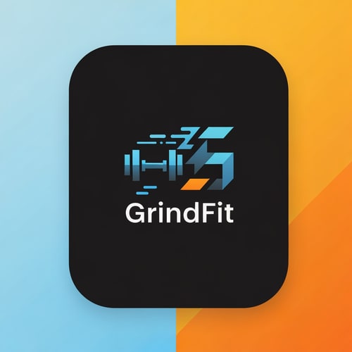 AI Design for “Create a modern, minimalist logo for a fitness app called GrindFit. The design should combine strength and motion, featuring a clean geometric icon such as a stylized dumbbell, bolt, or abstract ‘G’ symbol. Use a bold, energetic look suitable for a mobile app icon. Color palette: black, charcoal, electric blue, or neon orange. The style should be sleek, sharp, and high-contrast with smooth gradients or flat design. Include the text ‘GrindFit’ in a strong, modern sans-serif font. The overall vibe should represent power, discipline, and high performance.”