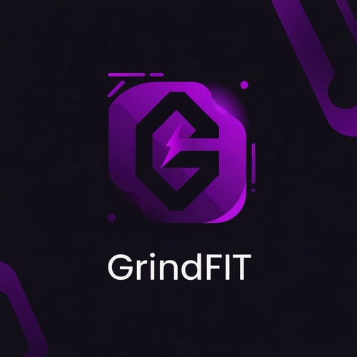 AI Design for Create a modern, minimalist logo for a fitness app called GrindFit. Design a strong geometric icon representing strength and movement, such as a stylized ‘G’, abstract dumbbell, or dynamic lightning-shape symbol. Use a bold, high-contrast color palette of deep black and vivid purple (#6A0DAD–#8B2CF5). Include smooth gradients or neon-glow accents for a sleek tech-fitness look. The typography should be clean, sharp, and modern sans-serif, emphasizing power and discipline. The logo must look excellent as a mobile app icon and on dark backgrounds.”