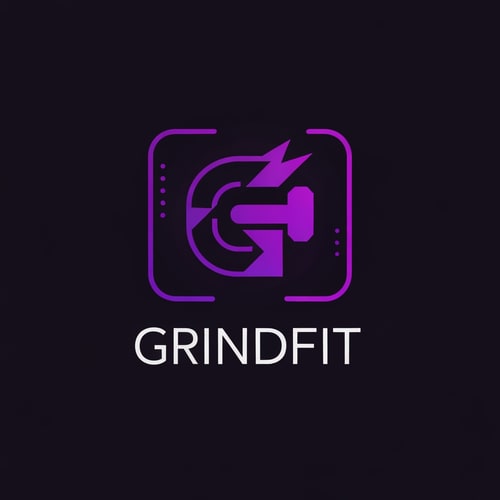AI Design for Create a modern, minimalist logo for a fitness app called GrindFit. Design a strong geometric icon representing strength and movement, such as a stylized ‘G’, abstract dumbbell, or dynamic lightning-shape symbol. Use a bold, high-contrast color palette of deep black and vivid purple (#6A0DAD–#8B2CF5). Include smooth gradients or neon-glow accents for a sleek tech-fitness look. The typography should be clean, sharp, and modern sans-serif, emphasizing power and discipline. The logo must look excellent as a mobile app icon and on dark backgrounds.”