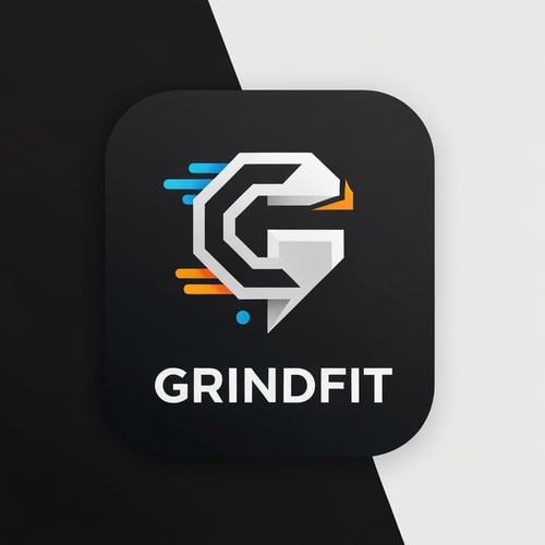 AI Design for “Create a modern, minimalist logo for a fitness app called GrindFit. The design should combine strength and motion, featuring a clean geometric icon such as a stylized dumbbell, bolt, or abstract ‘G’ symbol. Use a bold, energetic look suitable for a mobile app icon. Color palette: black, charcoal, electric blue, or neon orange. The style should be sleek, sharp, and high-contrast with smooth gradients or flat design. Include the text ‘GrindFit’ in a strong, modern sans-serif font. The overall vibe should represent power, discipline, and high performance.”