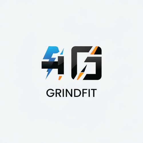 AI Design for “Create a modern, minimalist logo for a fitness app called GrindFit. The design should combine strength and motion, featuring a clean geometric icon such as a stylized dumbbell, bolt, or abstract ‘G’ symbol. Use a bold, energetic look suitable for a mobile app icon. Color palette: black, charcoal, electric blue, or neon orange. The style should be sleek, sharp, and high-contrast with smooth gradients or flat design. Include the text ‘GrindFit’ in a strong, modern sans-serif font. The overall vibe should represent power, discipline, and high performance.”