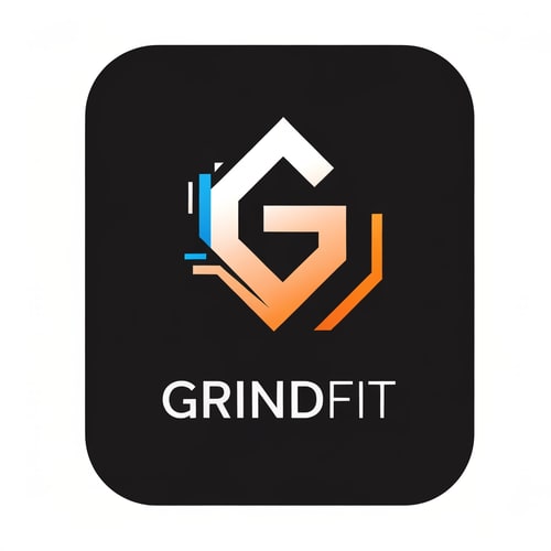 AI Design for “Create a modern, minimalist logo for a fitness app called GrindFit. The design should combine strength and motion, featuring a clean geometric icon such as a stylized dumbbell, bolt, or abstract ‘G’ symbol. Use a bold, energetic look suitable for a mobile app icon. Color palette: black, charcoal, electric blue, or neon orange. The style should be sleek, sharp, and high-contrast with smooth gradients or flat design. Include the text ‘GrindFit’ in a strong, modern sans-serif font. The overall vibe should represent power, discipline, and high performance.”