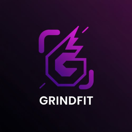 AI Design for Create a modern, minimalist logo for a fitness app called GrindFit. Design a strong geometric icon representing strength and movement, such as a stylized ‘G’, abstract dumbbell, or dynamic lightning-shape symbol. Use a bold, high-contrast color palette of deep black and vivid purple (#6A0DAD–#8B2CF5). Include smooth gradients or neon-glow accents for a sleek tech-fitness look. The typography should be clean, sharp, and modern sans-serif, emphasizing power and discipline. The logo must look excellent as a mobile app icon and on dark backgrounds.”
