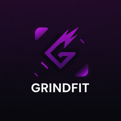 AI Design for Create a modern, minimalist logo for a fitness app called GrindFit. Design a strong geometric icon representing strength and movement, such as a stylized ‘G’, abstract dumbbell, or dynamic lightning-shape symbol. Use a bold, high-contrast color palette of deep black and vivid purple (#6A0DAD–#8B2CF5). Include smooth gradients or neon-glow accents for a sleek tech-fitness look. The typography should be clean, sharp, and modern sans-serif, emphasizing power and discipline. The logo must look excellent as a mobile app icon and on dark backgrounds.”