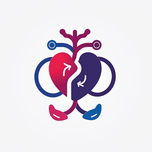 AI Design for Logo for a heart lung machine with an operator. Add text "perfusionist". emblem 2d styles.minimal. red and blue and purple 