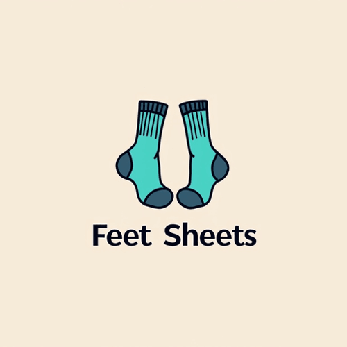 AI Design for Logo for a brand that is called feet sheets for a sock company, have the socks illustrated on shoes that resemble a miniture bed, with logotype feet sheets in lowercase