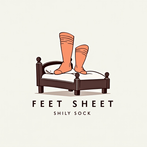 AI Design for Logo for a brand that is called feet sheets for a sock company, have the socks illustrated on shoes that resemble a miniture bed