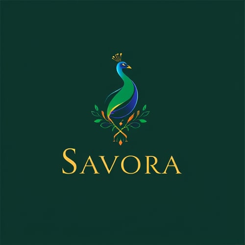 AI Design for Design a premium logo for a restaurant brand named Savora. The mascot should be a stylized peacock where the tail feathers are reimagined as spices and herbs (star anise, basil leaves, cloves, chili, peppercorns). The peacock should look elegant, minimal, and luxurious — not cartoonish. Use a deep emerald green base with royal blue accents and gold highlights for a refined, premium look. The wordmark Savora should be in an elegant serif font (like Didot or Playfair Display), slightly spaced for sophistication. Create variations: a full logo with peacock and wordmark, and a simplified icon version with spice-inspired feather motifs. The overall style should feel artistic, premium, and timeless, suitable for a fine dining restaurant.