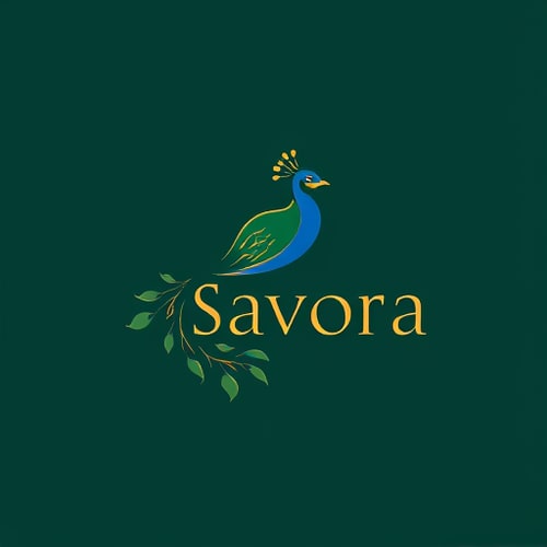 AI Design for Design a premium logo for a restaurant brand named Savora. The mascot should be a stylized peacock where the tail feathers are reimagined as spices and herbs (star anise, basil leaves, cloves, chili, peppercorns). The peacock should look elegant, minimal, and luxurious — not cartoonish. Use a deep emerald green base with royal blue accents and gold highlights for a refined, premium look. The wordmark Savora should be in an elegant serif font (like Didot or Playfair Display), slightly spaced for sophistication. Create variations: a full logo with peacock and wordmark, and a simplified icon version with spice-inspired feather motifs. The overall style should feel artistic, premium, and timeless, suitable for a fine dining restaurant.