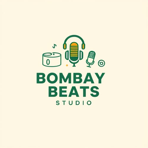 AI Design for Create a professional logo for “Bombay Beats Studio”, a modern podcast and music production studio. The logo should include minimal, outlined icons representing a drum and guitar (for jam & rehearsal rooms), headphones (for podcast production), a video camera (for content creation hub), and a microphone (for professional recording). Arrange the icons creatively around or above the text “Bombay Beats Studio”.
Use a green, blue, and yellow color scheme with clean lines and balanced composition. The style should be modern, premium, and visually striking, with bold typography for the name and a sleek, professional finish suitable for branding. Background should be off-white or light beige.