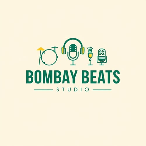 AI Design for Create a professional logo for “Bombay Beats Studio”, a modern podcast and music production studio. The logo should include minimal, outlined icons representing a drum and guitar (for jam & rehearsal rooms), headphones (for podcast production), a video camera (for content creation hub), and a microphone (for professional recording). Arrange the icons creatively around or above the text “Bombay Beats Studio”.
Use a green, blue, and yellow color scheme with clean lines and balanced composition. The style should be modern, premium, and visually striking, with bold typography for the name and a sleek, professional finish suitable for branding. Background should be off-white or light beige.