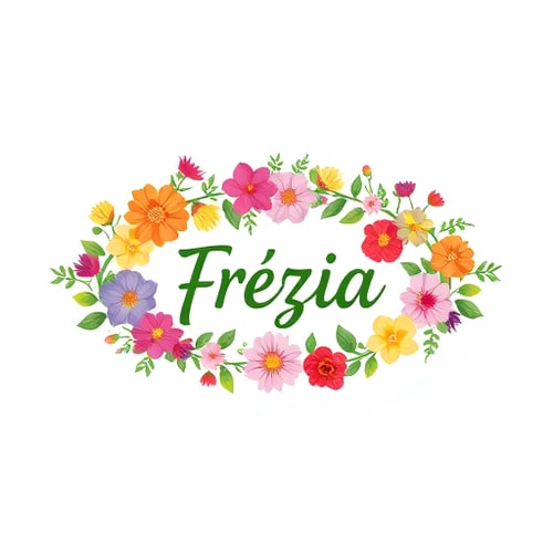 AI Design for a planting vine runs in a horizontal oval circle, on which various flowers of different colours and types are arranged in different sizes, frézia wrote in middle
