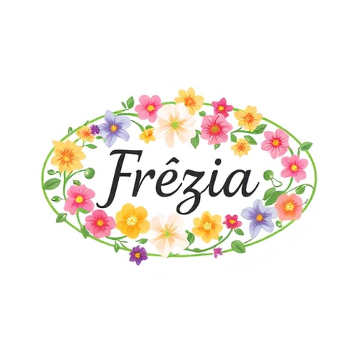 AI Design for a planting vine runs in a horizontal oval circle, on which various flowers of different colours and types are arranged in different sizes, frézia wrote in middle