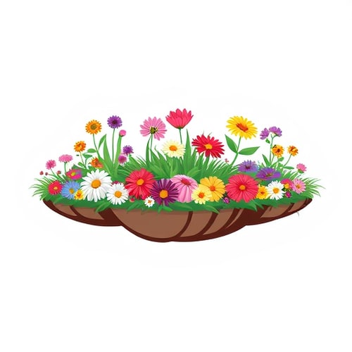 AI Design for a planting island runs in a horizontal oval shape, on which various flowers of different colours and types are arranged in different sizes