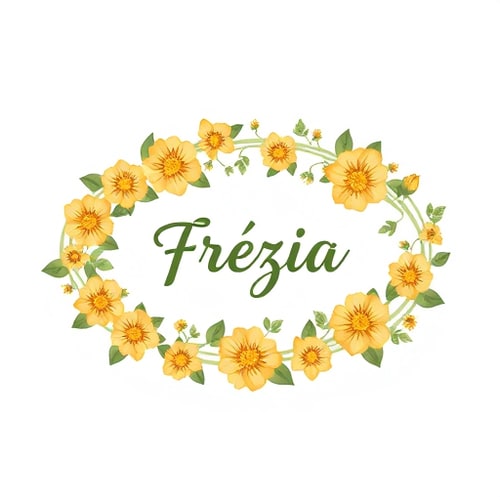 AI Design for a planting vine runs in a horizontal oval circle, on which various flowers in golden colours and are arranged in different sizes, frézia wrote in middle