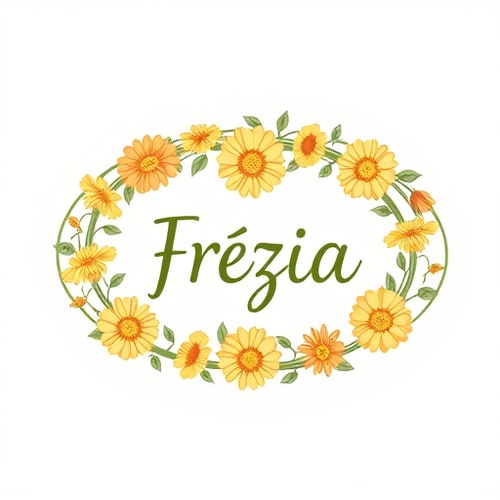 AI Design for a planting vine runs in a horizontal oval circle, on which various flowers in golden colours and are arranged in different sizes, frézia wrote in middle