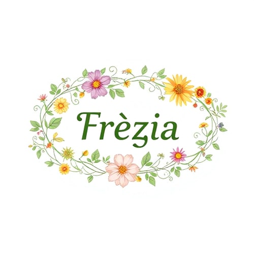 AI Design for An oval-shaped vine with various meadow flowers placed on it, with the word “Frézia” written in the center.