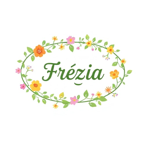 AI Design for An oval-shaped vine with various meadow flowers placed on it, with the word “Frézia” written in the center.