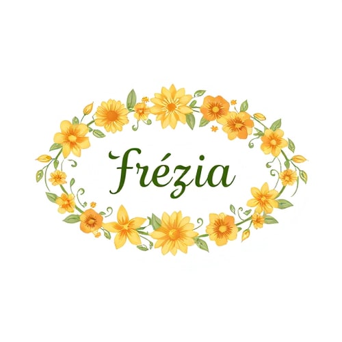 AI Design for a planting vine runs in a horizontal oval circle, on which various flowers in golden colours and types are arranged in different sizes, frézia wrote in middle