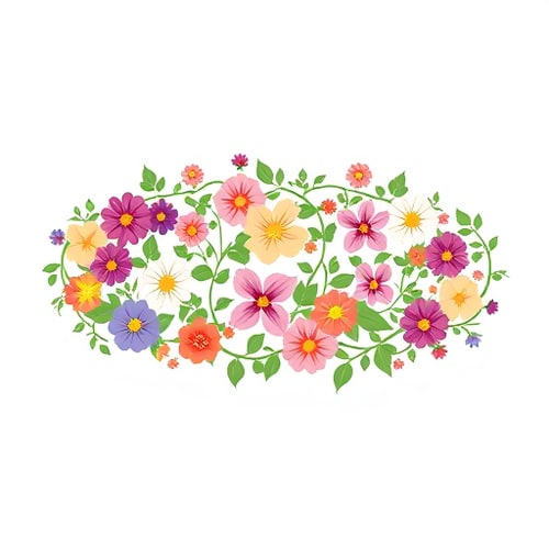AI Design for a planting vine runs in a horizontal oval shape, on which various flowers of different colours and types are arranged in different sizes