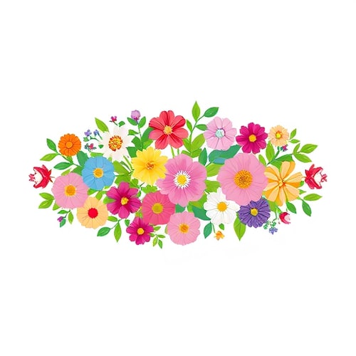 AI Design for a planting vine runs in a horizontal oval shape, on which various flowers of different colours and types are arranged in different sizes