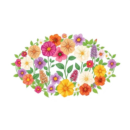 AI Design for a planting vine runs in a horizontal oval circle, on which various flowers of different colours and types are arranged in different sizes for lgo