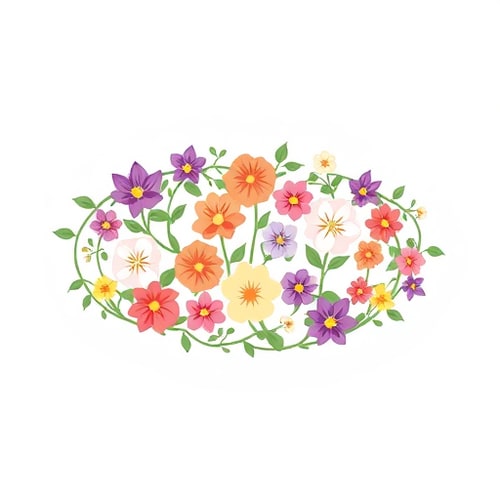 AI Design for a planting vine runs in a horizontal oval circle, on which various flowers of different colours and types are arranged in different sizes for logo
