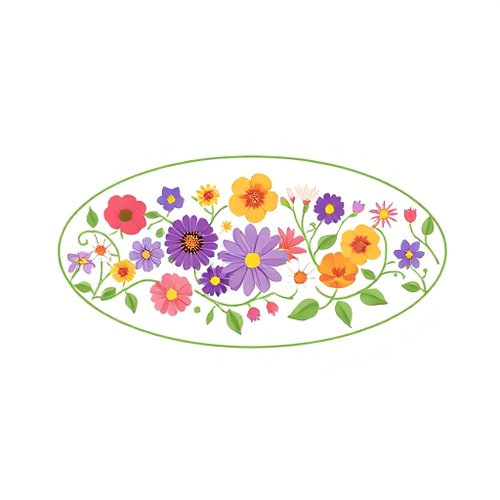 AI Design for a planting vine runs in a horizontal oval circle, on which various flowers of different colours and types are arranged in different sizes for logo