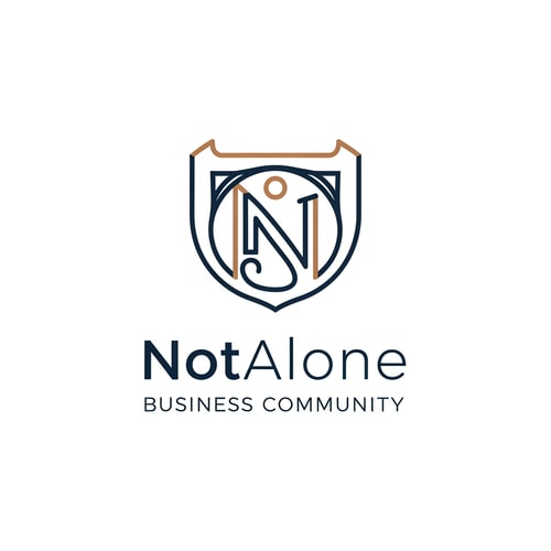 AI Design for The NotAlone Business Community requires a clean, timeless, and elegant logo that evokes deep trust and professional credibility through a minimalist visual identity. This brand mark should represent a supportive and authentic human space where professional knowledge, shared experience, and empathy converge to provide the hope of a fresh start. We are seeking a sophisticated solution, preferably using a refined line-art approach similar to the branding of the Maternity private clinic, which functions perfectly as a standalone symbol on both digital and print platforms. The aesthetic must remain grounded and mature, utilizing a color palette of deep navy blue, bronze, and subtle metallic tones to reinforce its serious and high-end character. It is essential to avoid all common clichés such as handshakes, hearts, puzzle pieces, or literal human silhouettes, as well as typical corporate tropes like briefcases, ladders, or office equipment. The final design should steer clear of the generic look of startups or coaching services, ensuring it does not appear overly playful, medical, or religious, but instead reflects a truly authentic and professional unity.