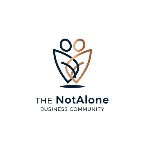 AI Design for The NotAlone Business Community requires a clean, timeless, and elegant logo that evokes deep trust and professional credibility through a minimalist visual identity. This brand mark should represent a supportive and authentic human space where professional knowledge, shared experience, and empathy converge to provide the hope of a fresh start. We are seeking a sophisticated solution, preferably using a refined line-art, which functions perfectly as a standalone symbol on both digital and print platforms. The aesthetic must remain grounded and mature, utilizing a color palette of deep navy blue, bronze, and subtle metallic tones to reinforce its serious and high-end character. It is essential to avoid all common clichés such as handshakes, hearts, puzzle pieces, or literal human silhouettes, as well as typical corporate tropes like briefcases, ladders, or office equipment. The final design should steer clear of the generic look of startups or coaching services, ensuring it does not appear overly playful, medical, or religious, but instead reflects a truly authentic and professional unity.