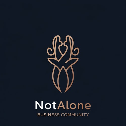 AI Design for The NotAlone Business Community requires a clean, timeless, and elegant logo that evokes deep trust and professional credibility through a minimalist visual identity. This brand mark should represent a supportive and authentic human space where professional knowledge, shared experience, and empathy converge to provide the hope of a fresh start. We are seeking a sophisticated solution, preferably using a refined line-art, which functions perfectly as a standalone symbol on both digital and print platforms. The aesthetic must remain grounded and mature, utilizing a color palette of deep navy blue, bronze, and subtle metallic tones to reinforce its serious and high-end character. It is essential to avoid all common clichés such as handshakes, hearts, puzzle pieces, or literal human silhouettes, as well as typical corporate tropes like briefcases, ladders, or office equipment. The final design should steer clear of the generic look of startups or coaching services, ensuring it does not appear overly playful, medical, or religious, but instead reflects a truly authentic and professional unity.