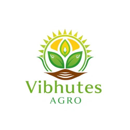 AI Design for Emblem for a sustainable and organic agricultural landscape company named "Vibhutes Agro": a stylized, interlocking arrangement of a growing seedling and a sun, forming a circular crest, vibrant greens and earthy browns, sans-serif font with a natural, organic feel. Design inspired by traditional agricultural symbols and modern eco-friendly aesthetics, with intricate linework and subtle textures, on a transparent background.