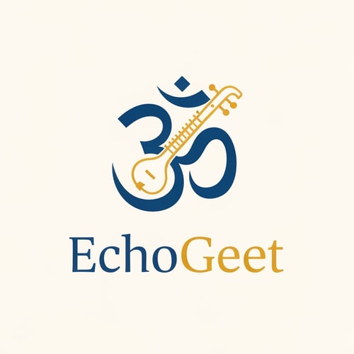 AI Design for Create a serene, spiritual logo for "EchoGeet" that evokes a sense of peace and devotion. The logo should feature the Om (ॐ) symbol with a stylized musical element, such as a veena or a flute, integrated within its form. The lines should be fluid and graceful. The color palette should be calming and pure, using colors like saffron, deep blue, gold, or a soft white. The typography for "EchoGeet" should be an elegant, traditional, or calligraphic font that feels sacred and harmonious.