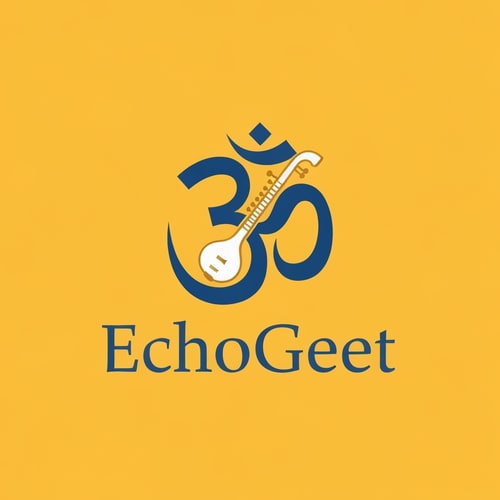 AI Design for Create a serene, spiritual logo for "EchoGeet" that evokes a sense of peace and devotion. The logo should feature the Om (ॐ) symbol with a stylized musical element, such as a veena or a flute, integrated within its form. The lines should be fluid and graceful. The color palette should be calming and pure, using colors like saffron, deep blue, gold, or a soft white. The typography for "EchoGeet" should be an elegant, traditional, or calligraphic font that feels sacred and harmonious.