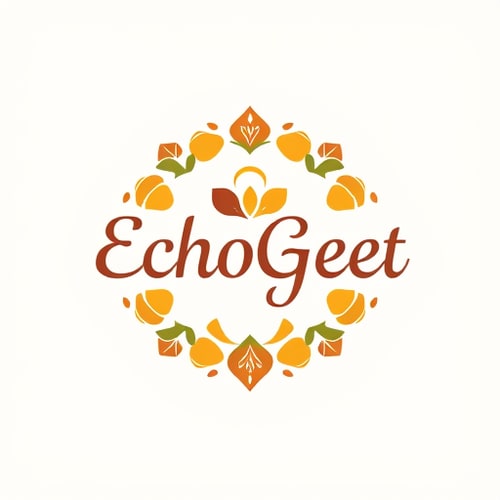 AI Design for Create a warm and inviting logo for "EchoGeet" that captures the essence of a Bhajan gathering. The logo should feature a circular or semi-circular arrangement of stylized elements, suggesting a community coming together. Integrate traditional Bhajan instruments like a harmonium, tabla, and kartals (hand cymbals) subtly within a flowing sound wave or a garland of flowers. The design should feel organic and harmonious. The color palette should be vibrant yet comforting, using shades of marigold yellow, deep red, forest green, and a touch of gold. The typography for "EchoGeet" should be a friendly, slightly ornate, and legible font that conveys warmth and tradition