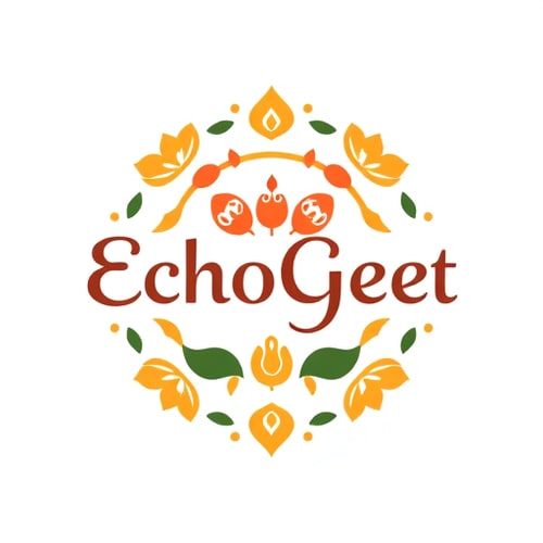 AI Design for Create a warm and inviting logo for "EchoGeet" that captures the essence of a Bhajan gathering. The logo should feature a circular or semi-circular arrangement of stylized elements, suggesting a community coming together. Integrate traditional Bhajan instruments like a harmonium, tabla, and kartals (hand cymbals) subtly within a flowing sound wave or a garland of flowers. The design should feel organic and harmonious. The color palette should be vibrant yet comforting, using shades of marigold yellow, deep red, forest green, and a touch of gold. The typography for "EchoGeet" should be a friendly, slightly ornate, and legible font that conveys warmth and tradition