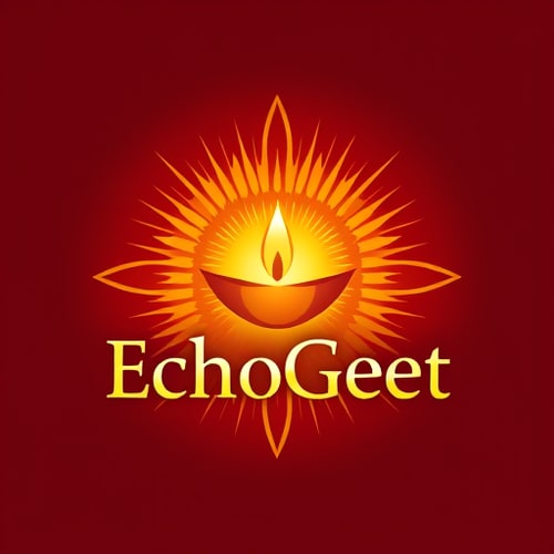 AI Design for Design a dynamic and powerful logo for "EchoGeet" that represents the energy of devotional music and chants. The logo should show a divine light or a powerful sound wave radiating outwards from a central point, which can be a sacred symbol like a lotus flower or a diya (lamp). The design should have a sense of movement and warmth. Use a rich and vibrant color palette with shades of bright gold, deep orange, and crimson. The font should be strong yet spiritual, conveying both power and peace.