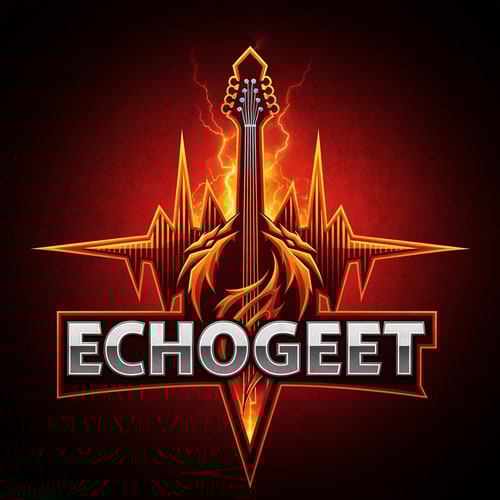 AI Design for Design a dynamic and energetic logo for "EchoGeet" with a mythical or elemental theme. The logo should feature a stylized guitar or sound wave that is also a roaring dragon or a bolt of lightning. The design should be powerful and bold, with sharp angles and a sense of movement. The color palette should be intense, using a combination of deep red, fiery orange, and metallic silver. The typography should be strong and impactful, with a slightly textured or aggressive feel.